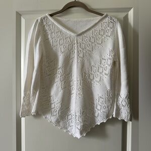 Marc Cain V Neck 3/4 Sleeve Lace Pattern Sweater Size S